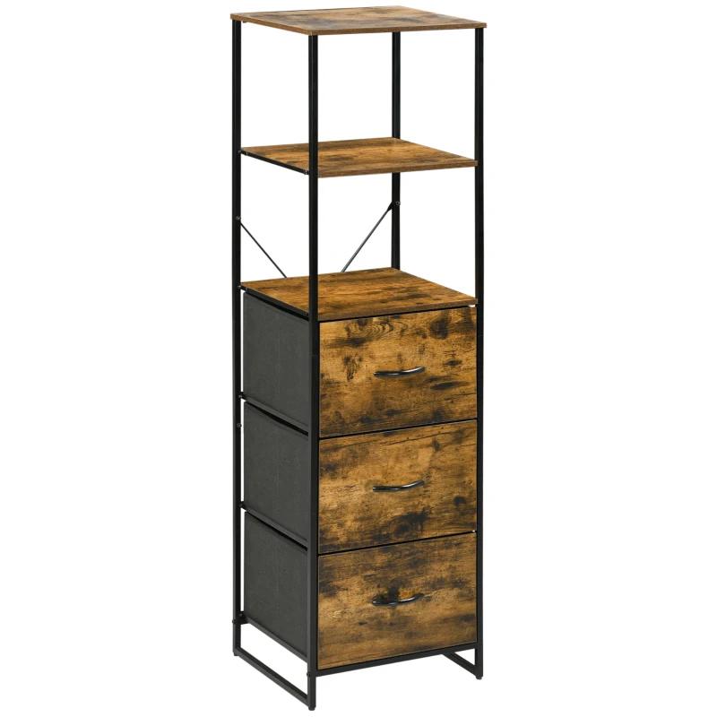 HOMCOM Industrial Storage Cabinet with 2 Open Shelves and 3 Foldable Fabric Drawers, Multifunctional Bookshelf In Living Room, Study, Rustic Brown