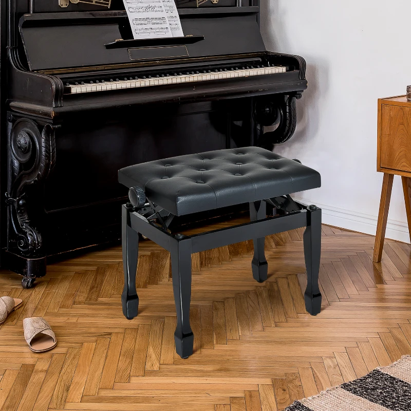 HOMCOM 25" Adjustable Height Piano Bench with Padded Cushion, Keyboard Seat with Storage and Solid Wood Legs, Black