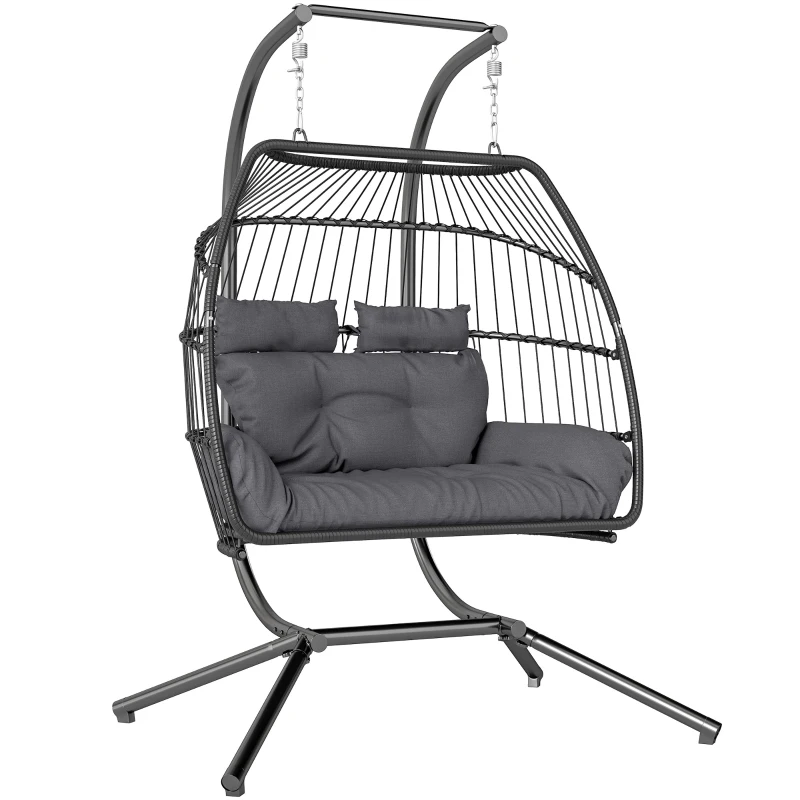 Outsunny Double Wicker Egg Swing Chair with Stand, Foldable Hanging Egg Chair with UV Resistant Cushion, Headrest, Dark Grey