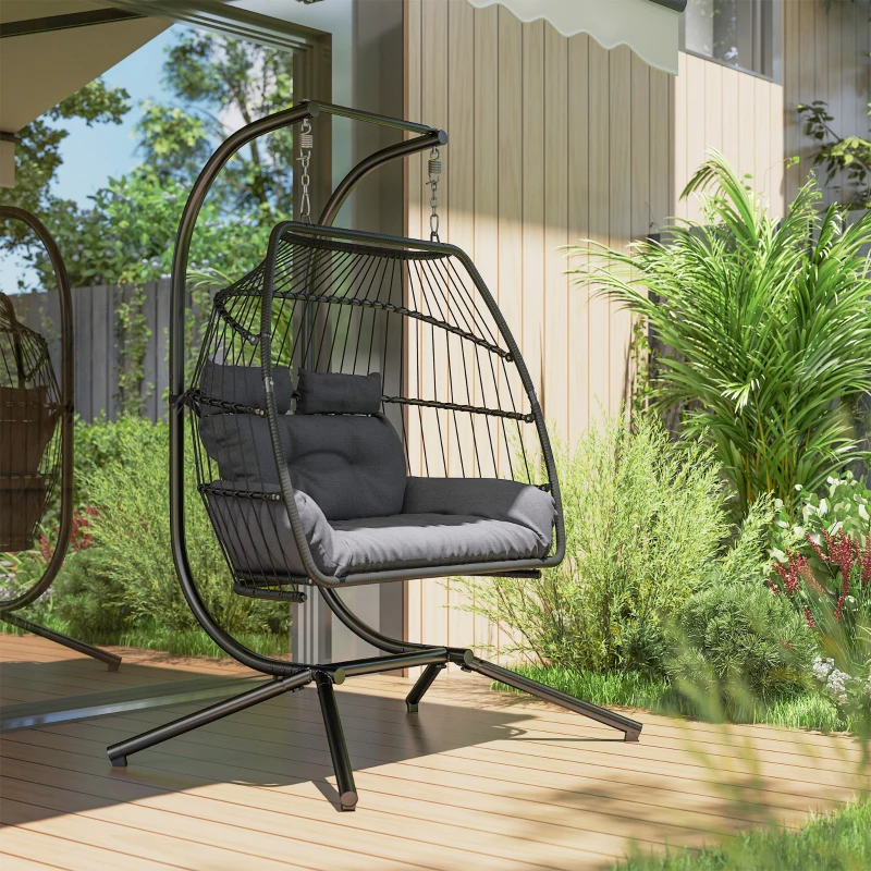 Outsunny Double Wicker Egg Swing Chair with Stand, Foldable Hanging Egg Chair with UV Resistant Cushion, Headrest, Dark Grey