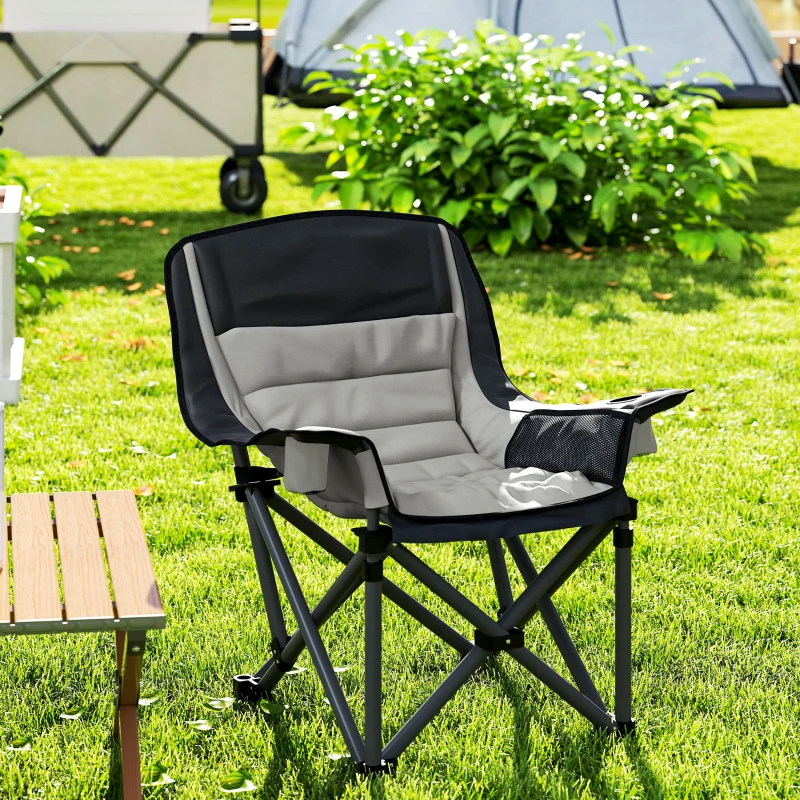 Outsunny Camping Chair for Adults, Portable Folding Camping Chair with Side Pockets, Cup Holders, Carry Bag, Black and Gray
