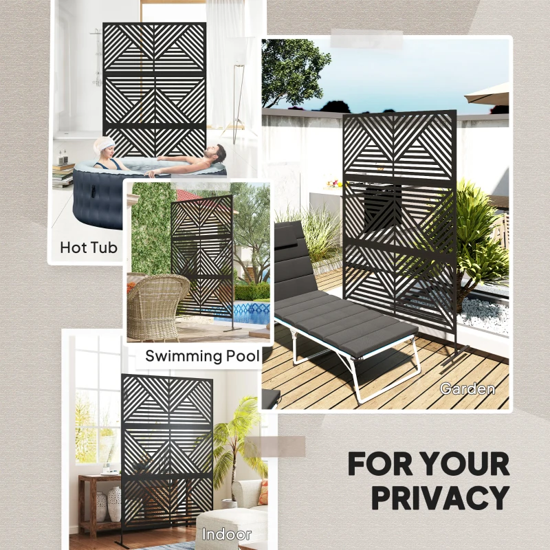 Outsunny Decorative Privacy Fence Screen, Metal Outdoor Privacy Screen Climbing Plant Trellis with Stand, Rhombus Black