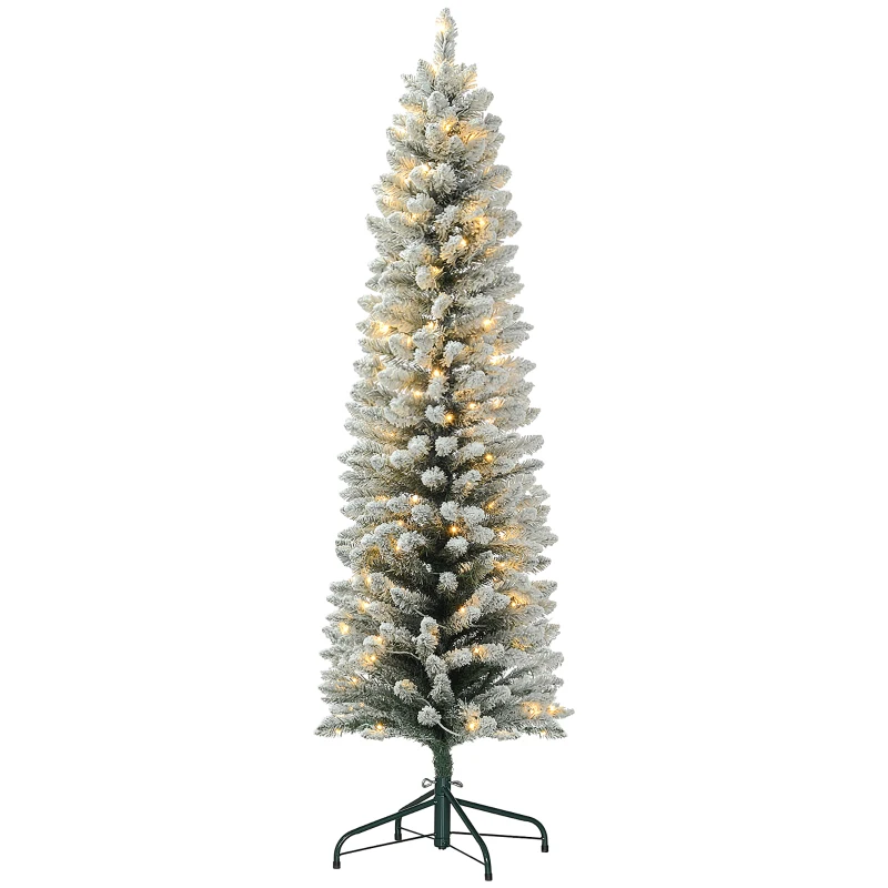 HOMCOM 6ft Artificial Prelit Christmas Tree with Warm White LED Light, Snow Flocked Branches, Metal Base, Pencil Xmas Tree