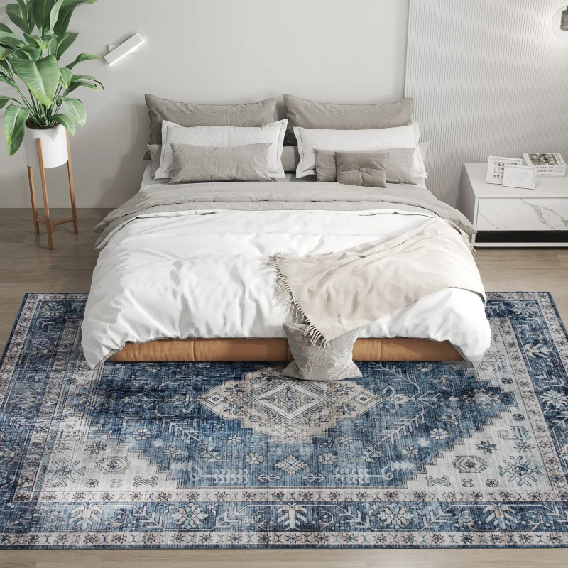 HOMCOM 6x9 Area Rug, Vintage Machine Washable Rug, Non-Slip Floor Carpet for Living Room, Bedroom, Dining Room, Blue