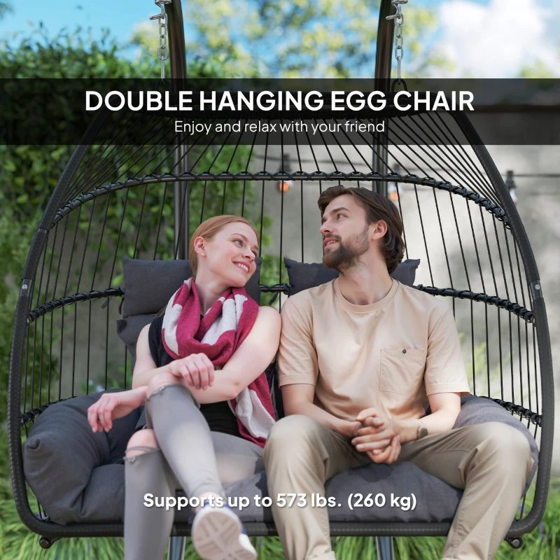 Outsunny Double Wicker Egg Swing Chair with Stand, Foldable Hanging Egg Chair with UV Resistant Cushion, Headrest, Dark Grey