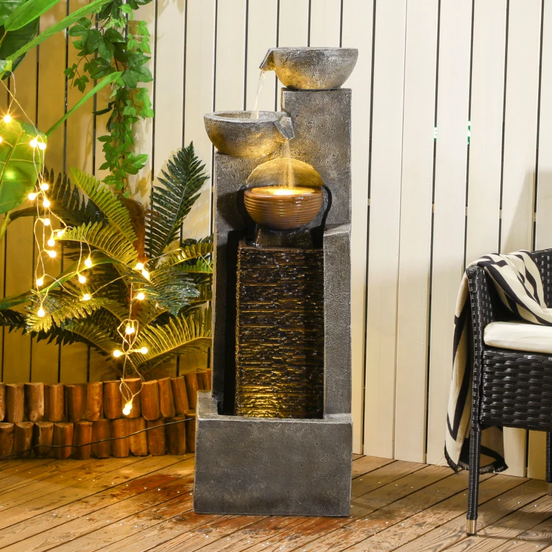 Outsunny 5-Tiered Cascading Bowls Outdoor Water Fountain with LED Lights, Adjustable Flow, 43.3-inch Resin Waterfall Fountain