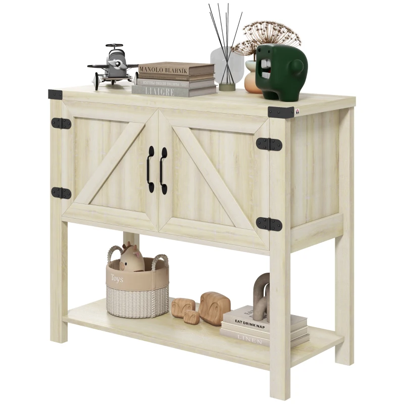 HOMCOM Farmhouse Kitchen Storage Cabinet, Free Standing Sideboard Console Table with Barn Doors, Bottom Shelf, Oak
