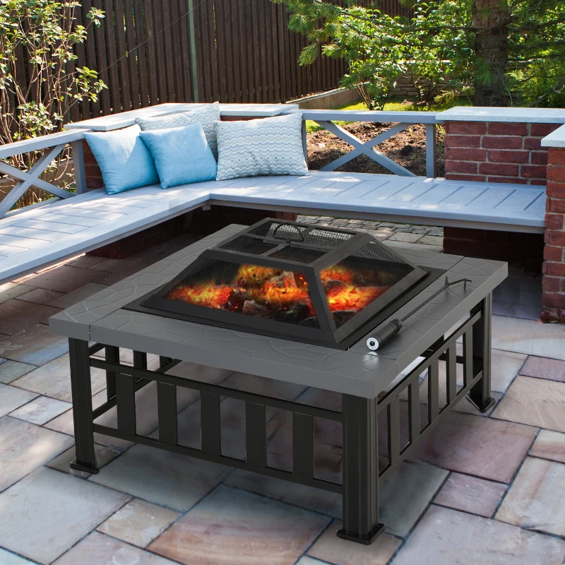 Outsunny 34" Outdoor Fire Pit Square Steel Wood Burning Firepit Bowl with Spark Screen, Waterproof Cover, Log Grate, Poker for Backyard, Camping, BBQ, Bonfire