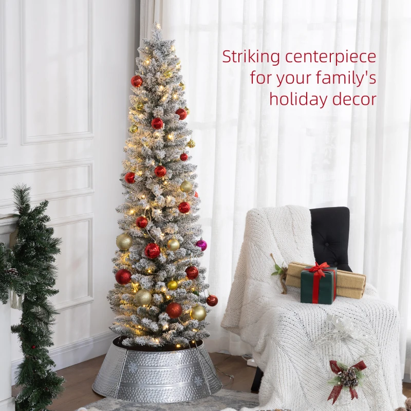 HOMCOM 6ft Artificial Prelit Christmas Tree with Warm White LED Light, Snow Flocked Branches, Metal Base, Pencil Xmas Tree