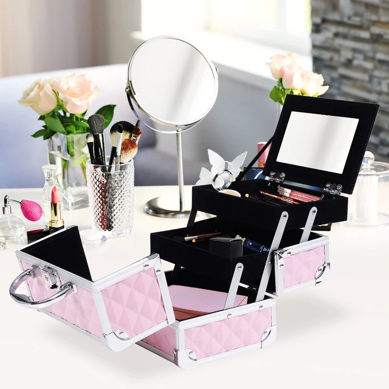 HOMCOM 3 Tier Diamond Texture Makeup Case Train Case Cosmetic Organizer with Mirror, Pink