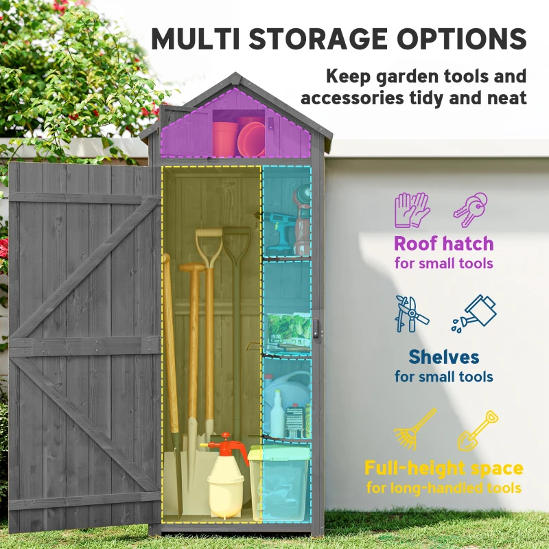 Outsunny 30" x 21" x 71" Garden Storage Shed, Sheds & Outdoor Storage Outdoor Workshop Yard Tool Utility Storage House Water-resistant All-weather Cover Spire Roof with 3 Tiers Shelves Grey