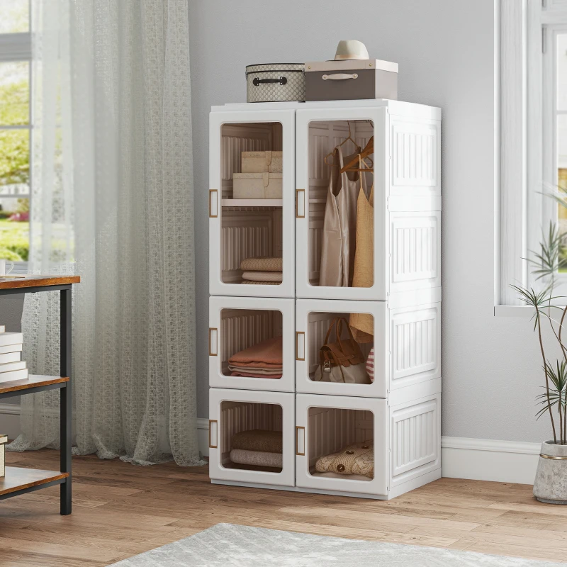 HOMCOM Portable Wardrobe, Foldable Plastic Closet with 5 Compartments, Hanging Rod and Magnetic Doors, White