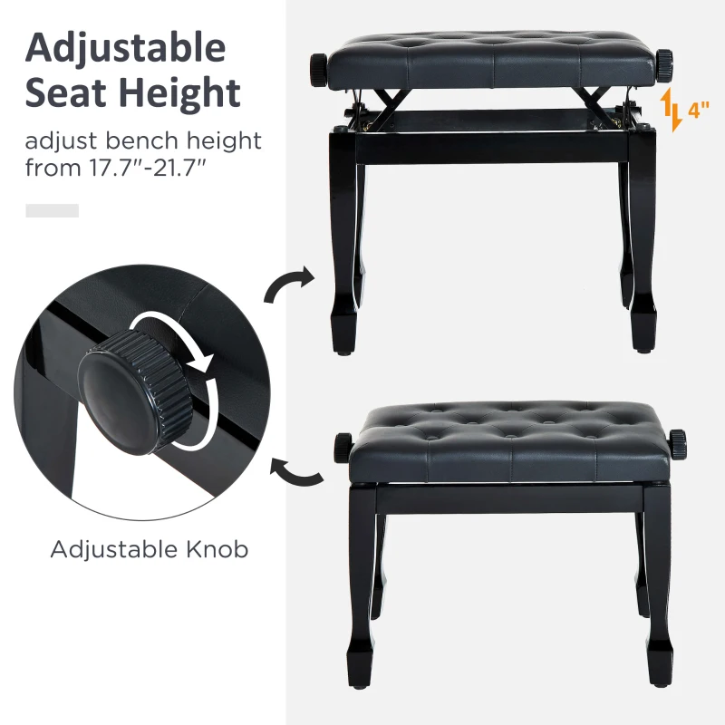 HOMCOM 25" Adjustable Height Piano Bench with Padded Cushion, Keyboard Seat with Storage and Solid Wood Legs, Black