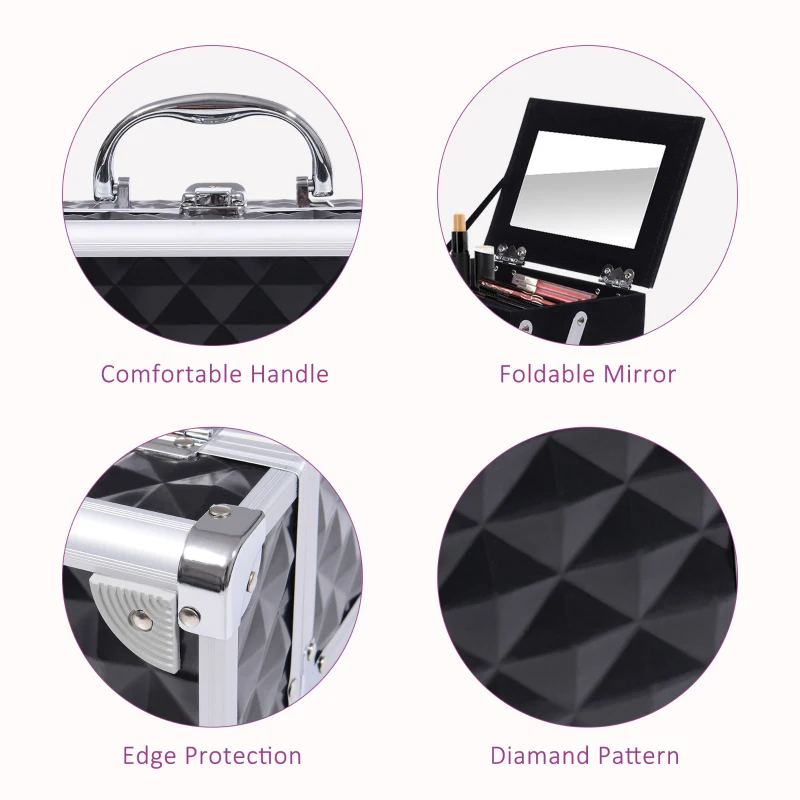 HOMCOM 3 Tier Diamond Texture Makeup Case Train Case Cosmetic Organizer with Mirror, Black