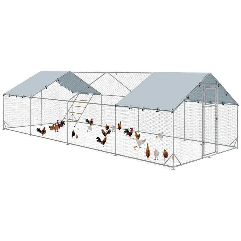 PawHut Metal Chicken Run w/ Waterproof & Anti-UV Cover, Feeding Door, Hanging Feeder, for 24-30 Chickens, 9.8' x 26.2' x 6.4'