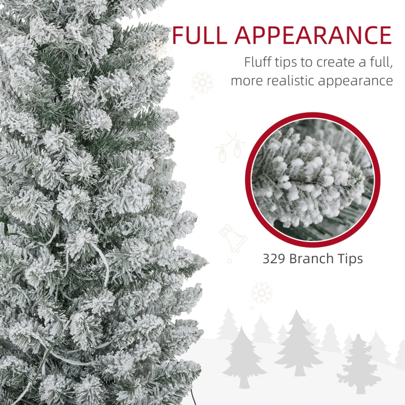 HOMCOM 6ft Artificial Prelit Christmas Tree with Warm White LED Light, Snow Flocked Branches, Metal Base, Pencil Xmas Tree