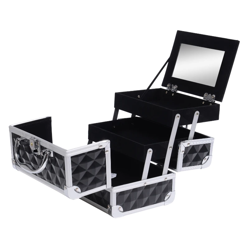 HOMCOM 3 Tier Diamond Texture Makeup Case Train Case Cosmetic Organizer with Mirror, Black