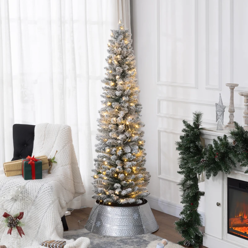 HOMCOM 6ft Artificial Prelit Christmas Tree with Warm White LED Light, Snow Flocked Branches, Metal Base, Pencil Xmas Tree