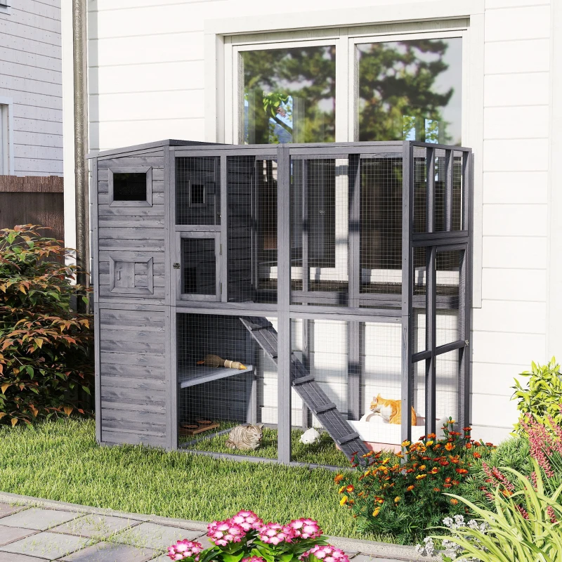 PawHut Outdoor Wooden Catio with 4 Tier Main House, Ramp, Platforms, Asphalt Roof, Ramps, Sliding Door, Window, Grey