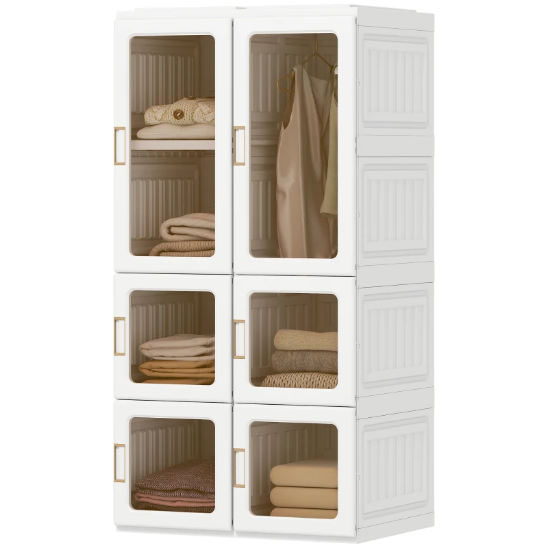 HOMCOM Portable Wardrobe, Foldable Plastic Closet with 5 Compartments, Hanging Rod and Magnetic Doors, White