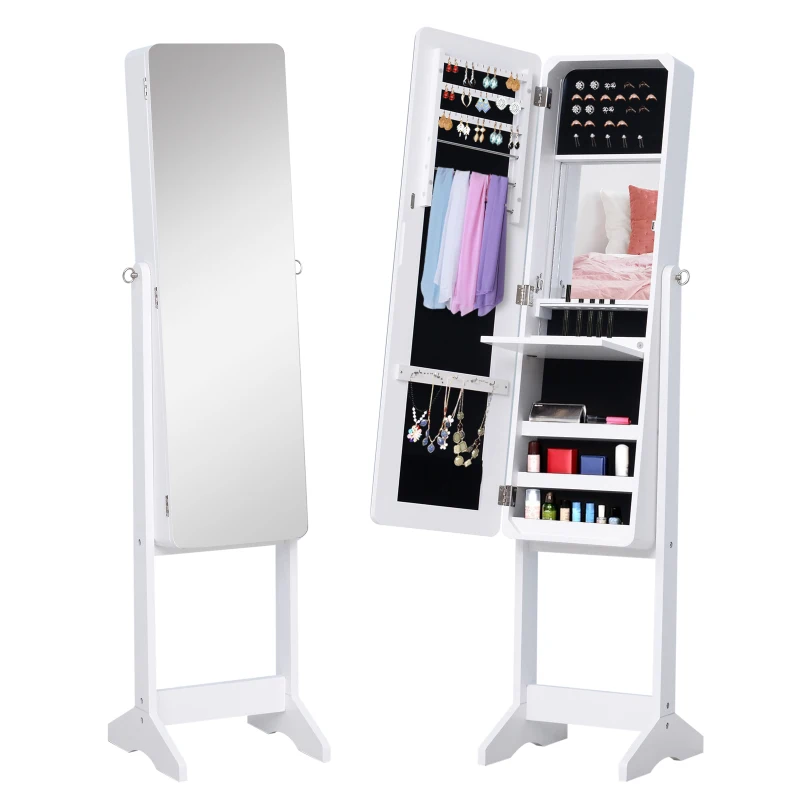 HOMCOM Freestanding Mirror Jewelry Cabinet Armoire, LED Lighted Jewelry Organizer with Stand, Angle Adjustable, White
