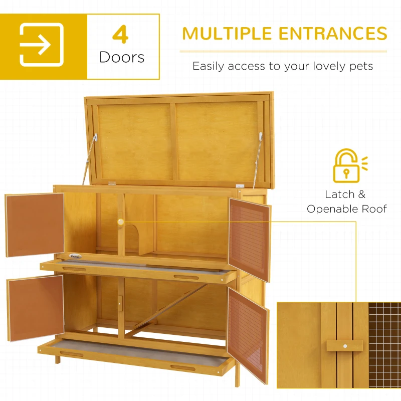 PawHut Wood Rabbit Hutch with 2 Large Main House, Ramp, Trays, Yellow