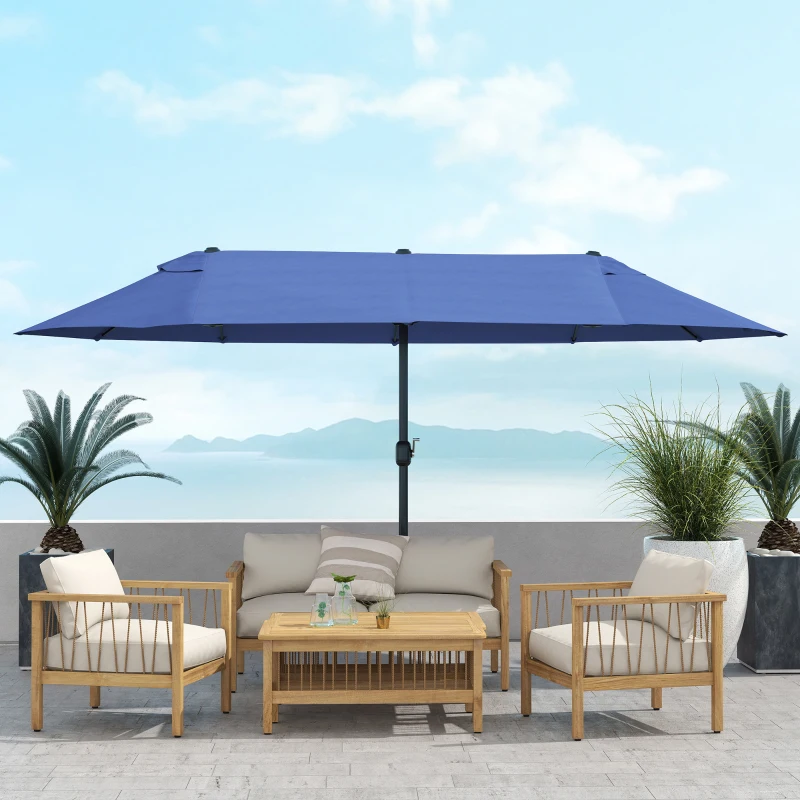 Outsunny 15ft Patio Sun Umbrella with Twin Canopy, Extra Large Outdoor Parasol with Crank for Pool, Deck, Market, Blue