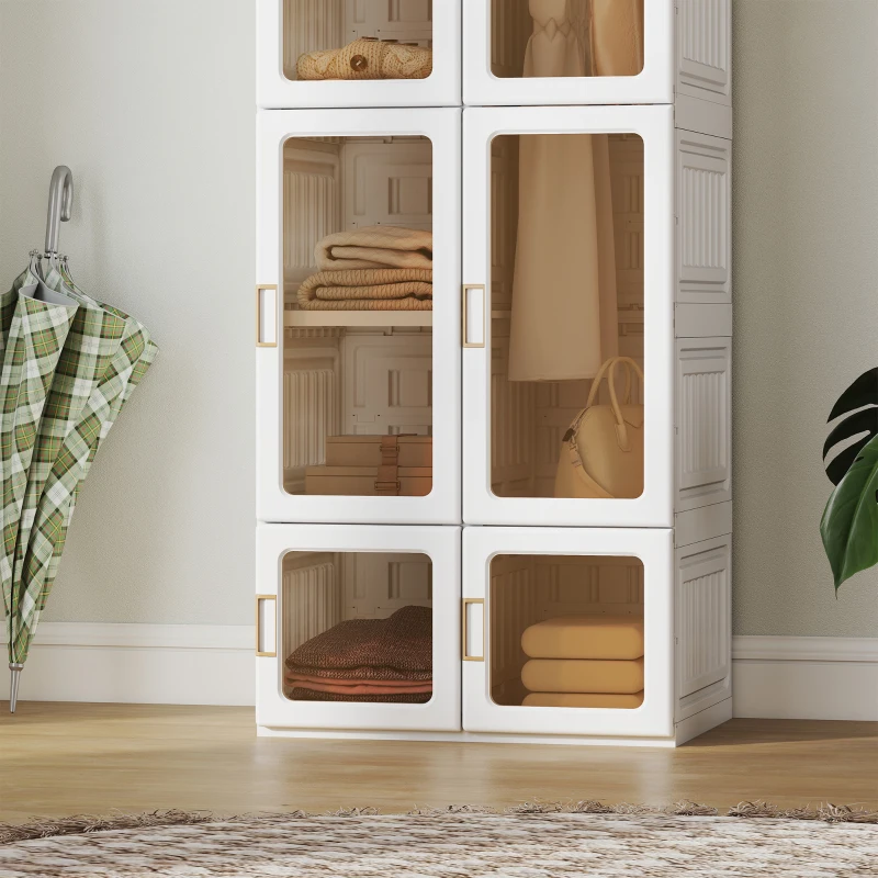 HOMCOM Portable Wardrobe, Foldable Plastic Closet with 6 Compartments, Hanging Rod and Magnetic Doors, White