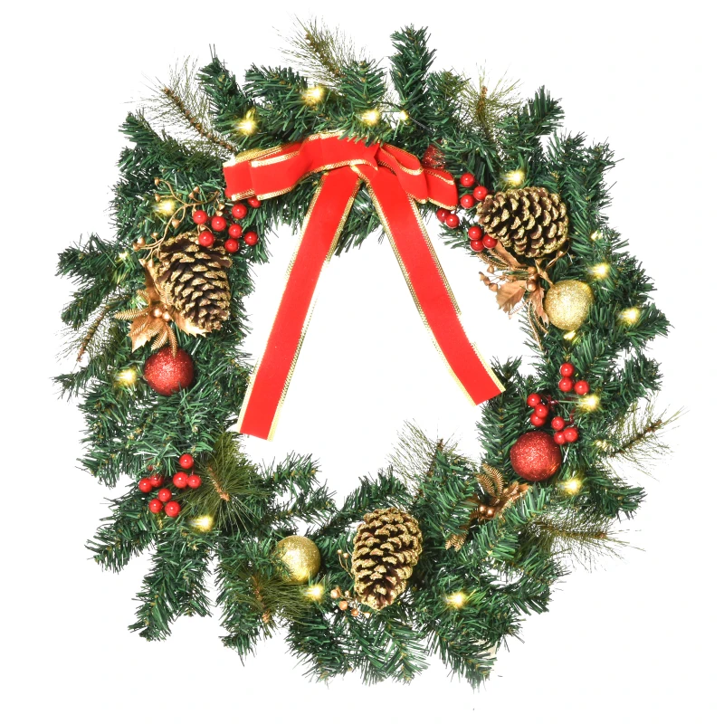 HOMCOM Christmas Wreath 24" Pre-Lit Artificial Greenery Xmas Spruce Wreath Cones Red Berries 20 LED Lights Battery Operated