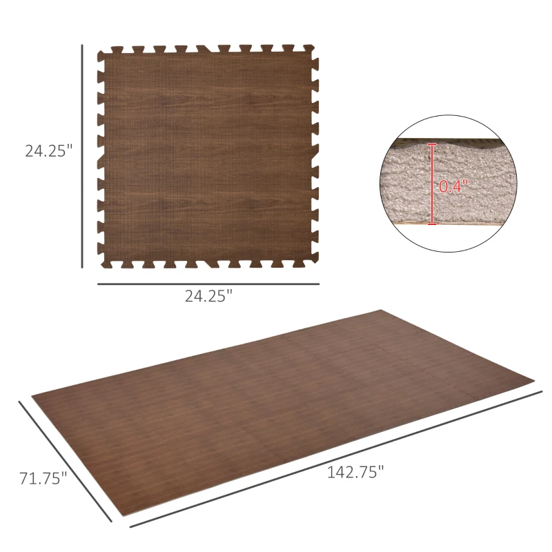 HOMCOM Wood Grain Floor Mats 1/2 Inch Thick, Interlocking EVA Foam Mats Tiles with Borders, Puzzle Exercise Mat for Home and Fit Equipment, 24 in x 24 in, Pack of 18