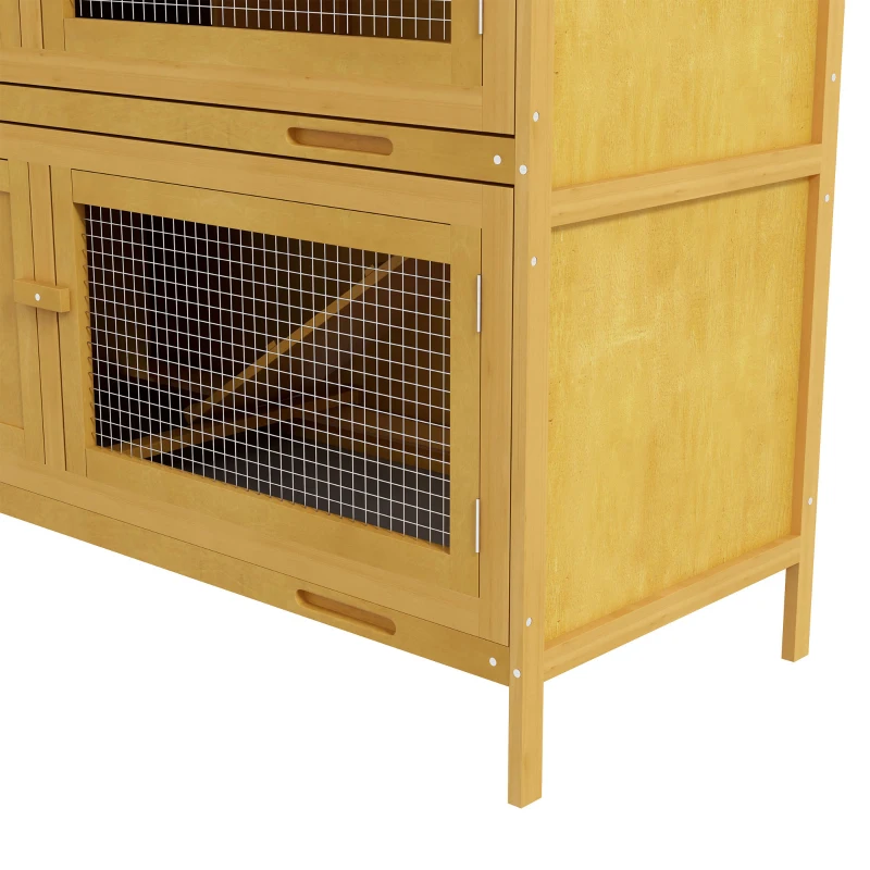 PawHut Wood Rabbit Hutch with 2 Large Main House, Ramp, Trays, Yellow