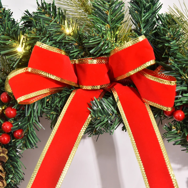 HOMCOM Christmas Wreath 24" Pre-Lit Artificial Greenery Xmas Spruce Wreath Cones Red Berries 20 LED Lights Battery Operated