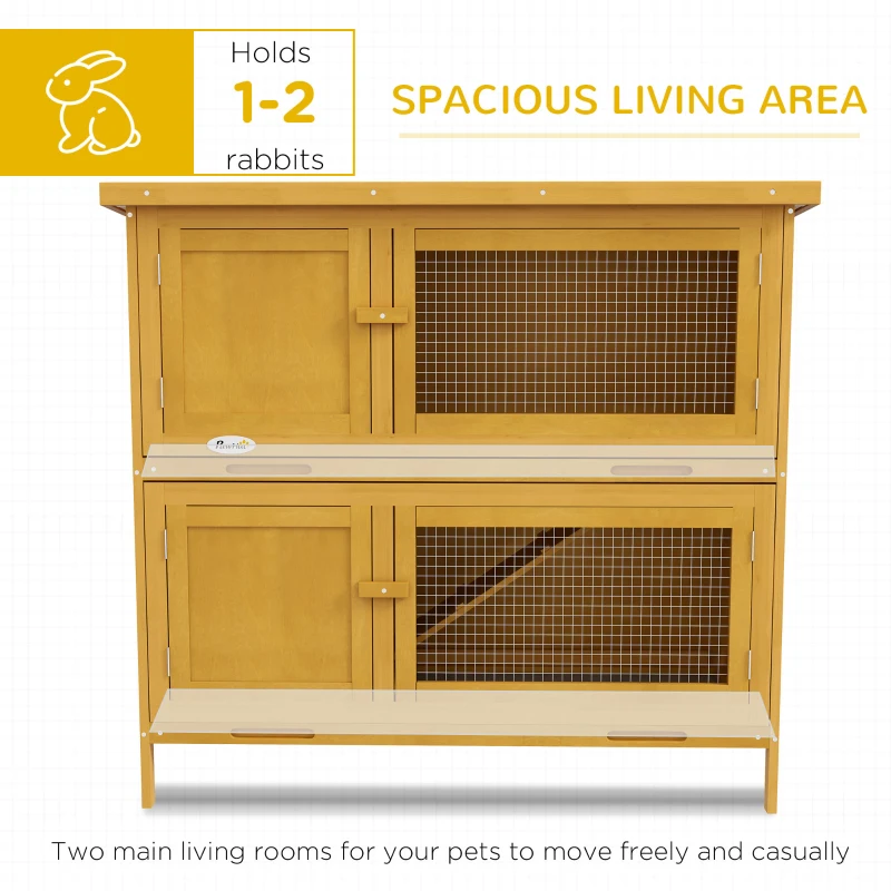 PawHut Wood Rabbit Hutch with 2 Large Main House, Ramp, Trays, Yellow