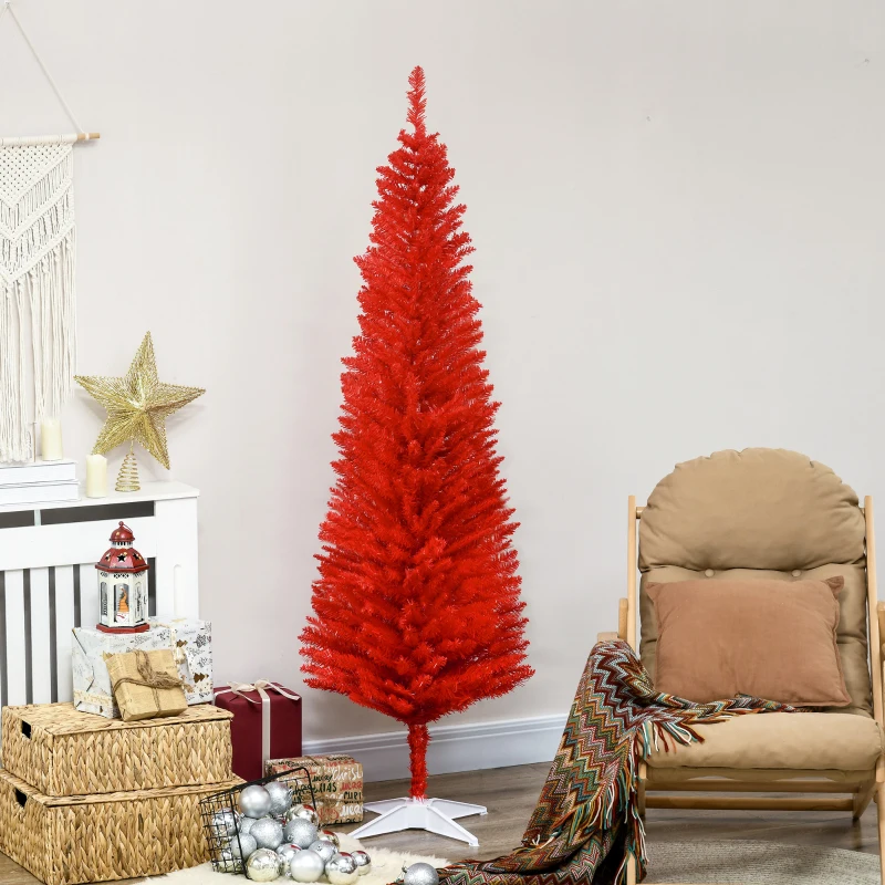 HOMCOM 6FT Decorated Christmas Tree, Pencil Christmas Tree with 390 Realistic Branch Tips and Plastic Stand, Red