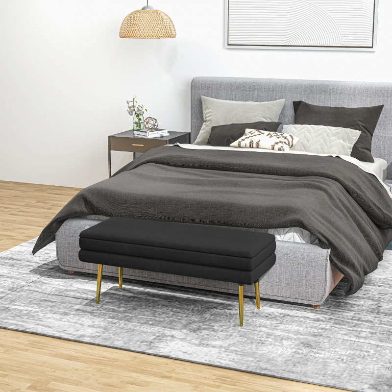 HOMCOM 39" Storage Ottoman, Velvet End of Bed Bench with Steel Legs, Foot Stool with Storage for Bedroom, Living Room, Black