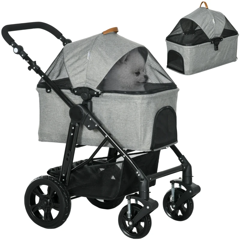 PawHut 2 in 1 Dog Stroller with Detachable Carriage Bag, Adjustable Canopy, Safety Leashes, Storage Basket for S Dogs, Grey