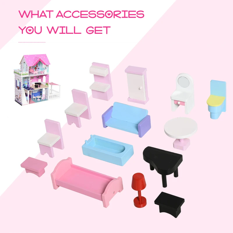Qaba 2.9ft Kids Wooden Dollhouse Dreamhouse Villa with Patio Dollhouse with Furniture Accessories Kit for Toddler Girls Multi-level House for Children Pink