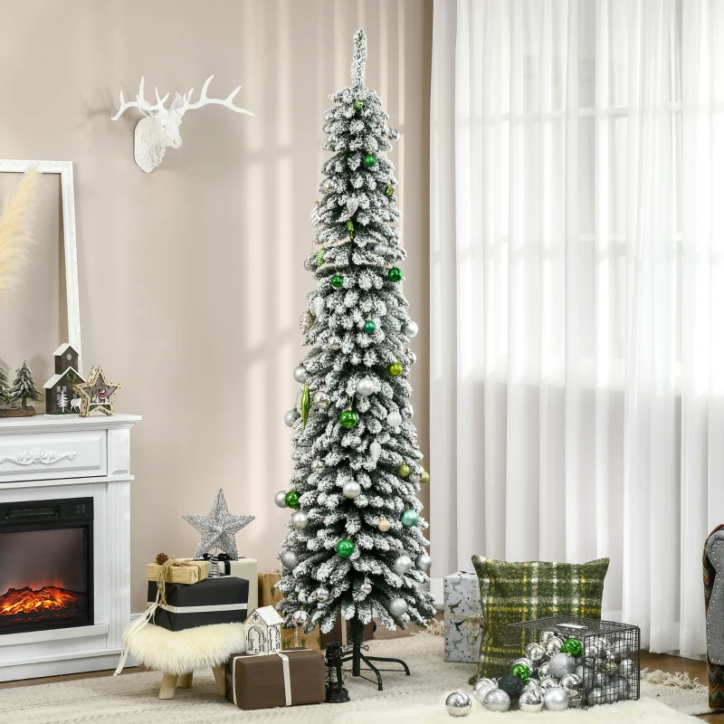 HOMCOM 7ft Snow-Flocked Artificial Christmas Tree, Slim Pencil Xmas Tree with 490 Realistic Branches, Metal Base, Green