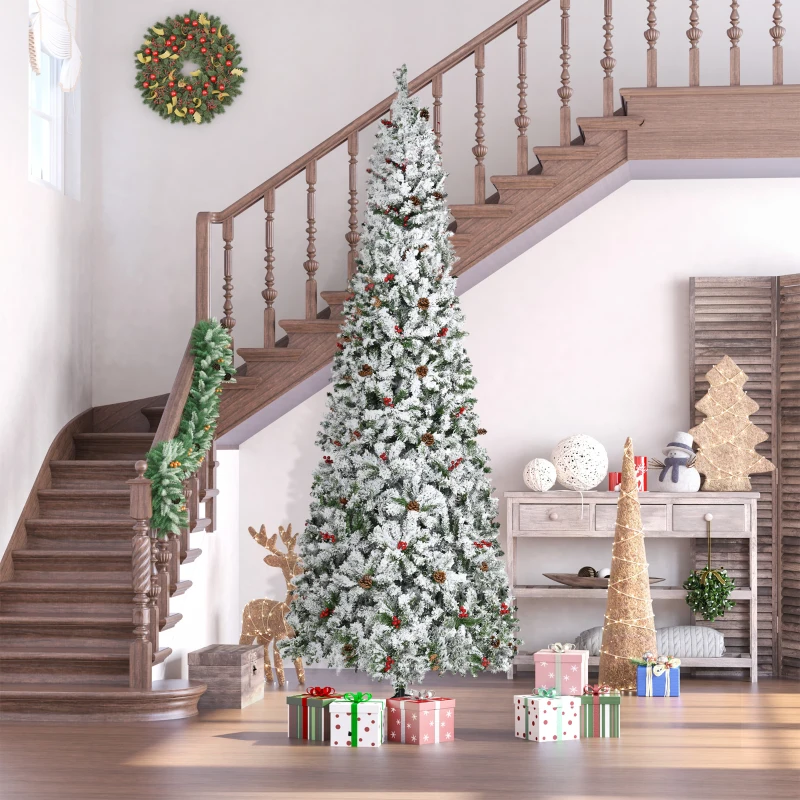 HOMCOM 9-foot Pencil Snow Flocked Artificial Christmas Tree with 1350 Pine Realistic Branches, Pine Cones, Red Berries, Auto Open, Green