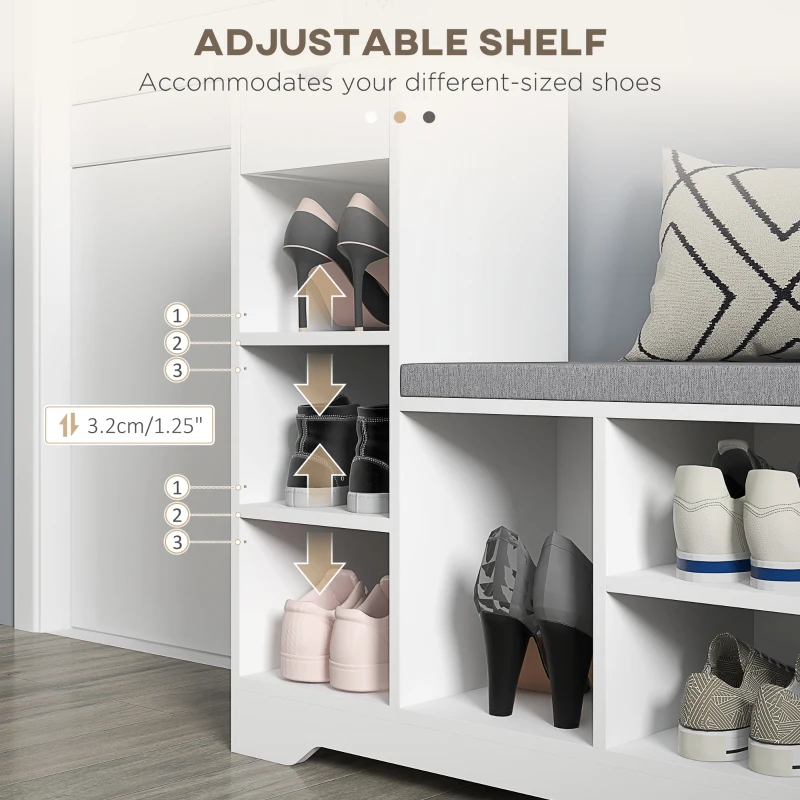 HOMCOM Upholstered Shoe Storage Bench w/ Seat, Entrance Bench w/ Drawer and 6 Open Shelves for Hallway, White