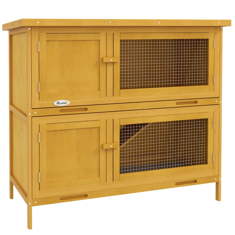 PawHut Wood Rabbit Hutch with 2 Large Main House, Ramp, Trays, Yellow
