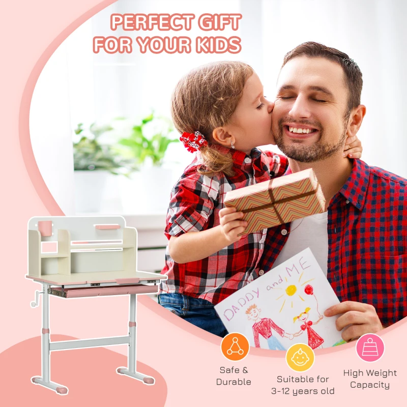 Qaba Wooden Kids Study Desk, Height Adjustable Children School Study Table, Student Writing Desk with Tilt Desktop, Drawer, Storage Shelf, Pen Holder, Pink