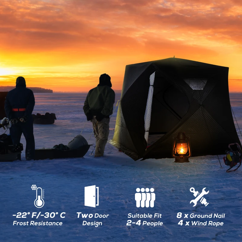 Outsunny 4-Person Insulated Ice Fishing Tent, Portable Ice Fishing Shelter with Ventilation Windows, Carry Bag, Two Doors and Anchors for Low-Temp -22℉