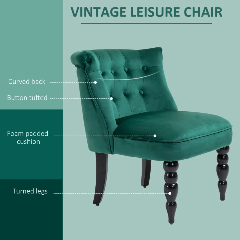 HOMCOM Vintage Leisure Accent Chair, Armless Chair with Button Tufted Straight Back, Turned Legs, Thick Sponge Padding for Living Room, Dining Room, Study, Dark Green
