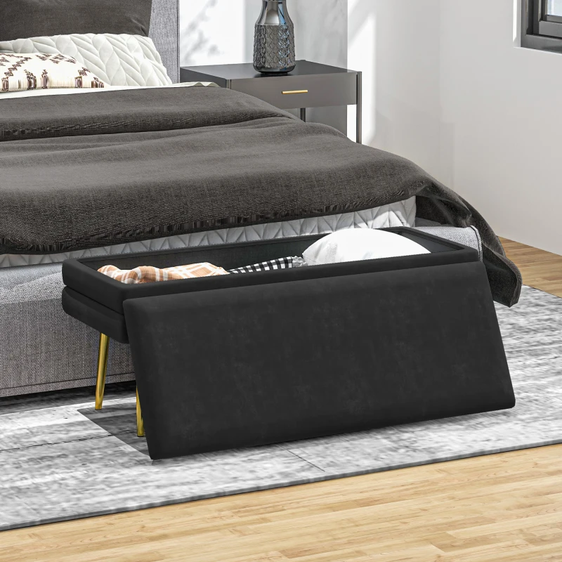 HOMCOM 39" Storage Ottoman, Velvet End of Bed Bench with Steel Legs, Foot Stool with Storage for Bedroom, Living Room, Black