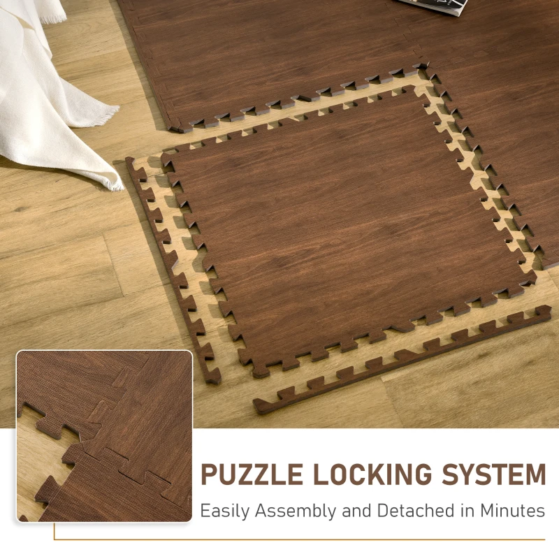 HOMCOM Wood Grain Floor Mats 1/2 Inch Thick, Interlocking EVA Foam Mats Tiles with Borders, Puzzle Exercise Mat for Home and Fit Equipment, 24 in x 24 in, Pack of 25