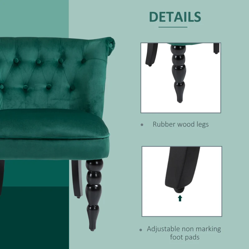 HOMCOM Vintage Leisure Accent Chair, Armless Chair with Button Tufted Straight Back, Turned Legs, Thick Sponge Padding for Living Room, Dining Room, Study, Dark Green