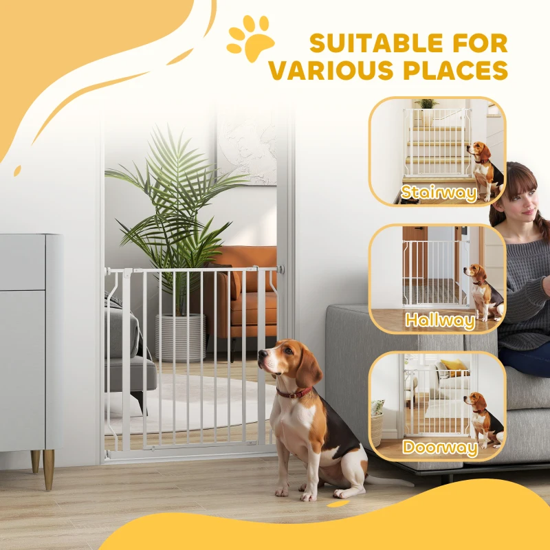 PawHut 30"- 34" Easy Install Pet Gate w/ Door & Double Locking System, Extra Wide Dog Gate for Stairs, Hallways, White