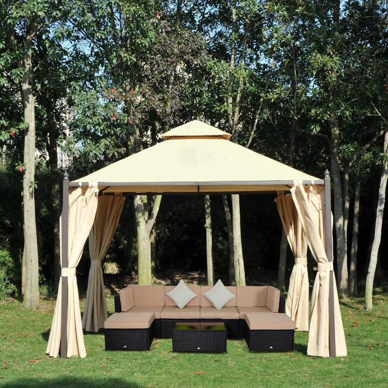 Outsunny 10x10ft Patio Gazebo Canopy Double-tire Garden Shelter Outdoor Sun Shade with Curtains, Beige