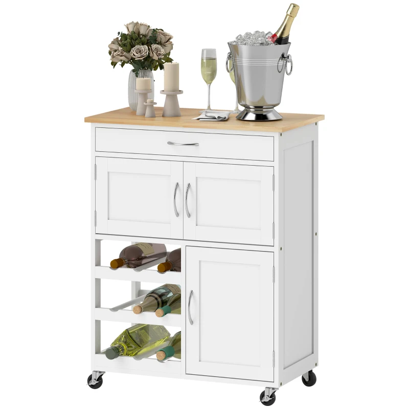 HOMCOM Rolling Kitchen Cart, Kitchen Island with Storage Drawer, 9-bottle Wine Rack, Door Cabinets, Wooden Countertop, White